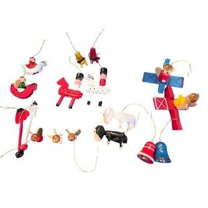 Vintage Lot Of  17 Mini WoodenChristmas Ornaments Angels Airplanes Horses & More
